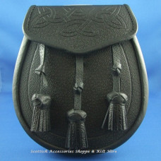 Black Leather Day Sporran with Celtic Tooling and Tassels